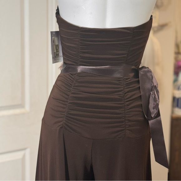 Vintage Jessica McClintock Deadstock Brown Halter Wide Leg Satin Belt Jumpsuit - Picture 5 of 15